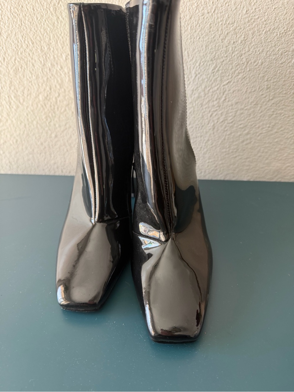 H&M Black Patent Square-Toe Mid-Calf Boots